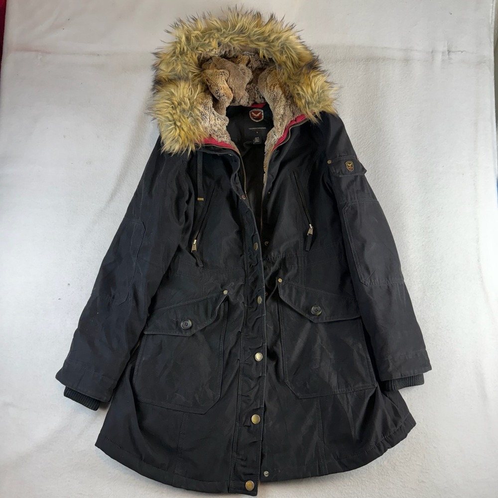 1 Madison Expedition Women Black Faux Fur Hood Parka Jacket Medium OME427711-BJ